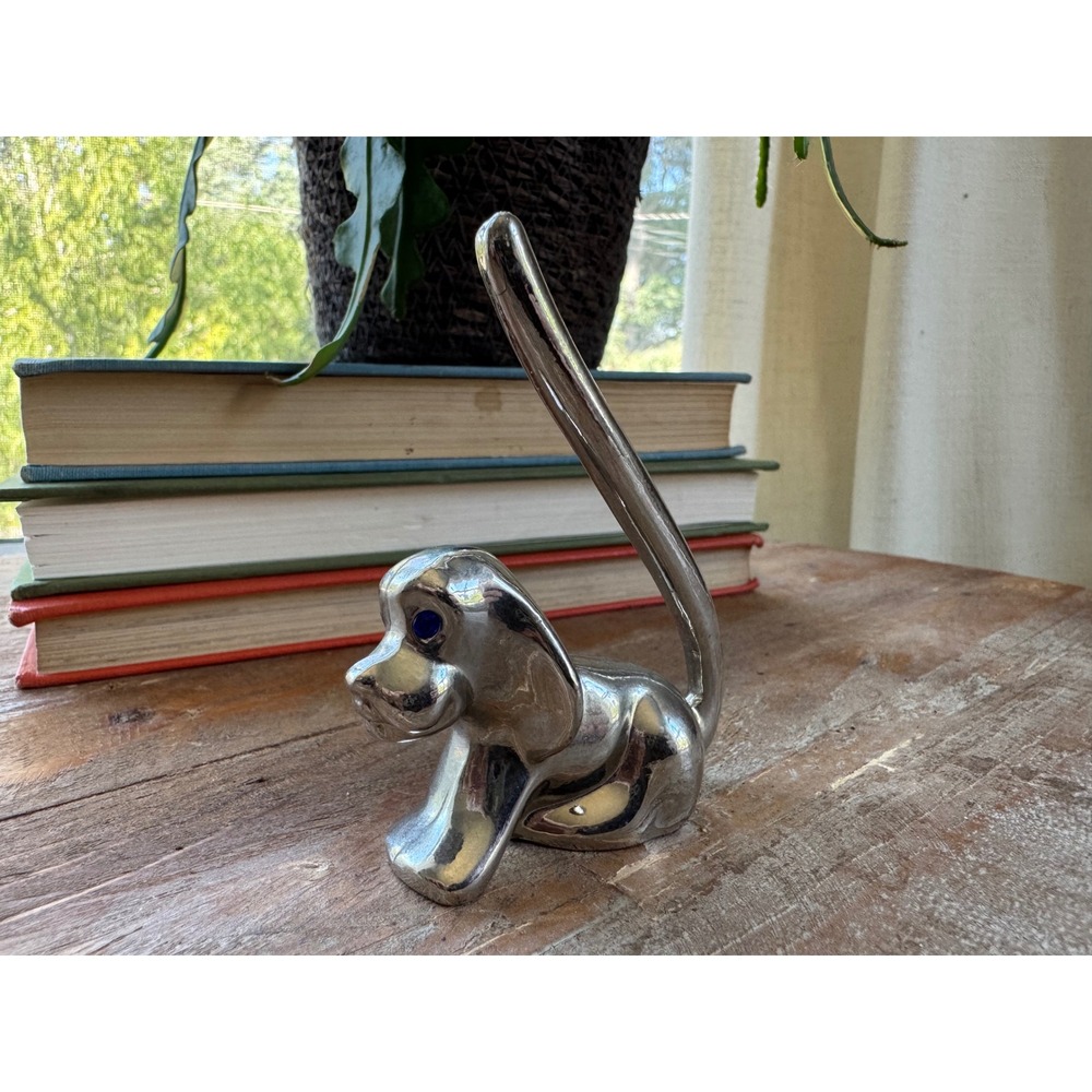 Vintage Silver Tone Puppy Dog Ring Holder Blue Eyes Metal Jewelry Display 4.5"